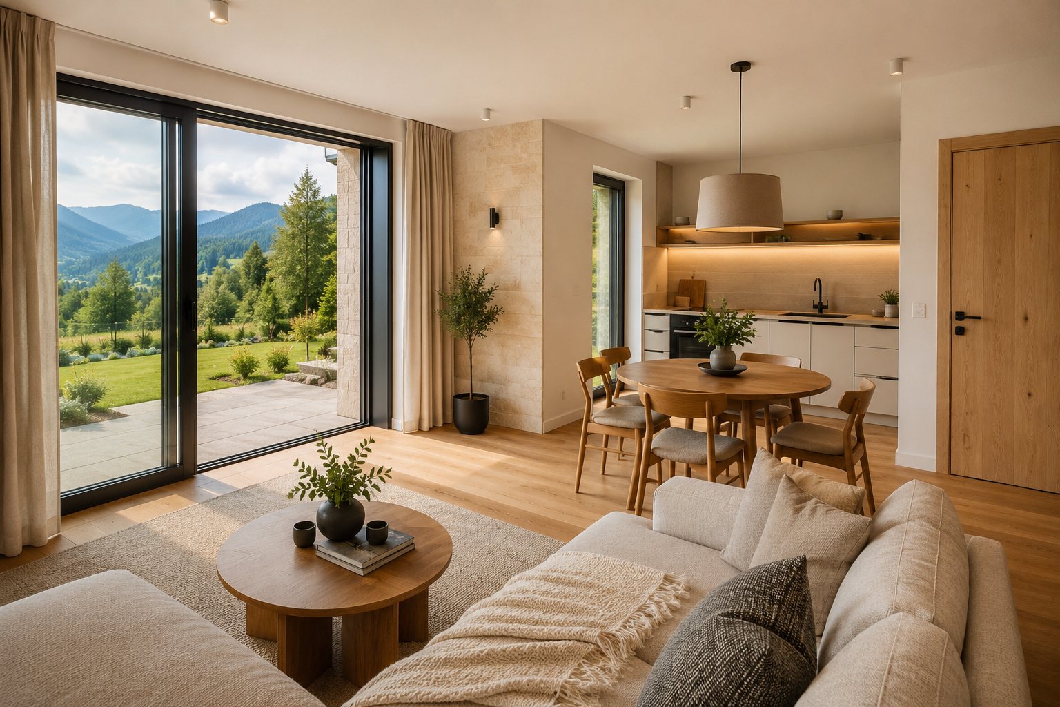 Apartament Panoramiczny — salon z kuchnią