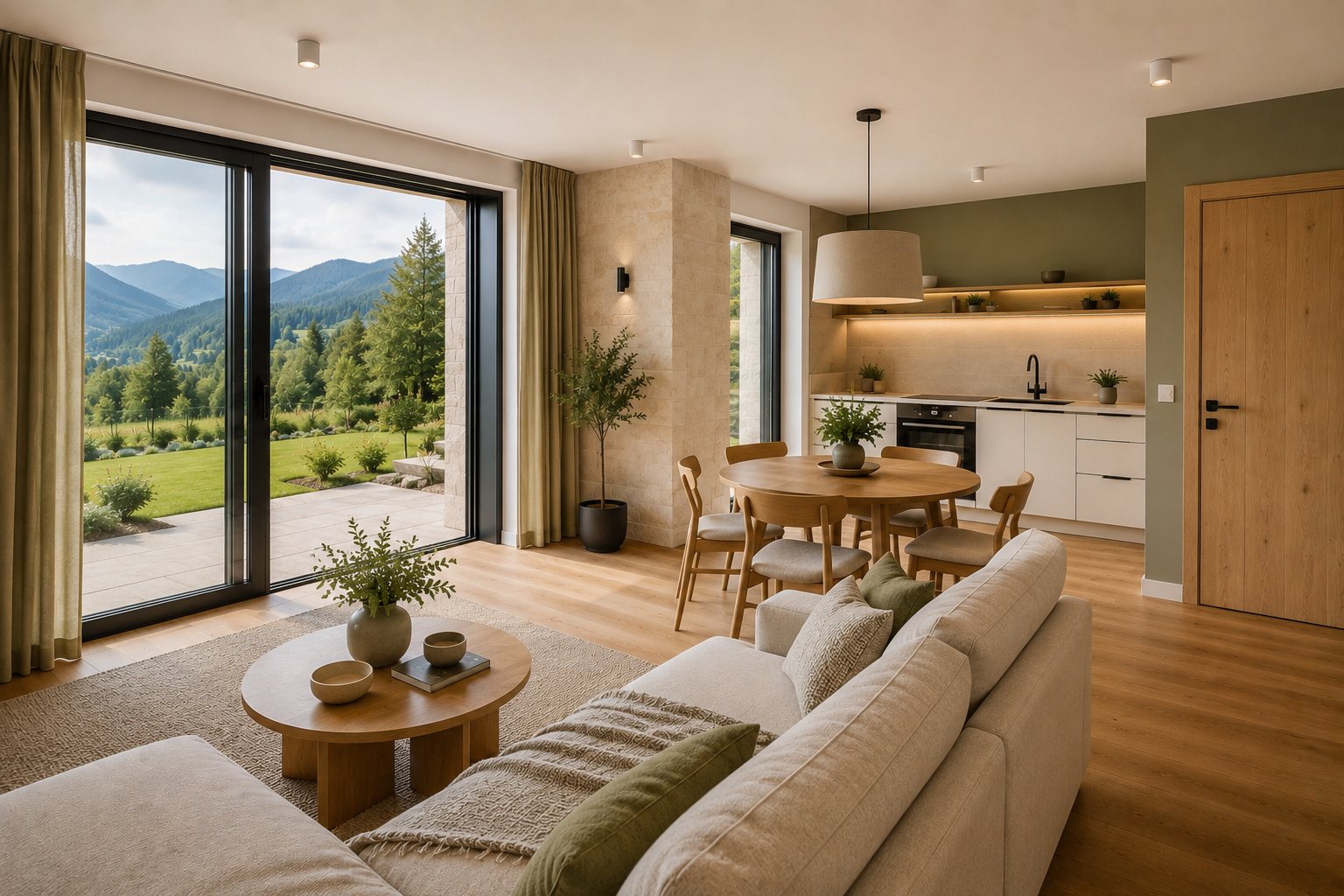 Apartament Zielony — salon z kuchnią