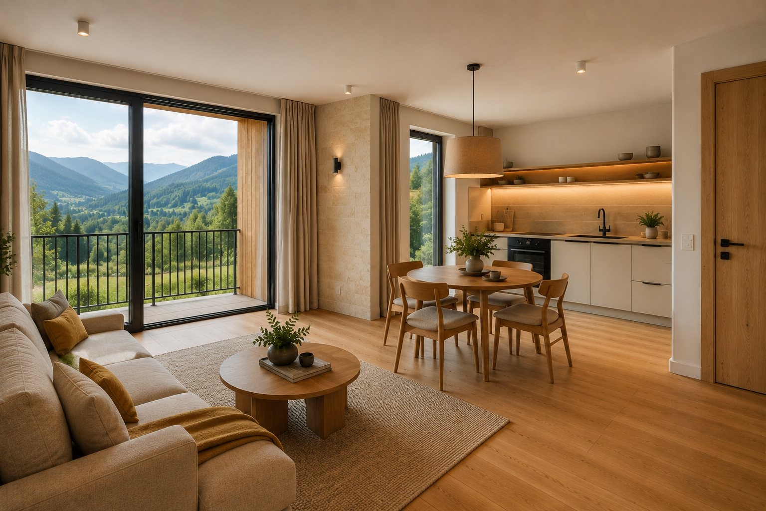 Apartament Złoty — salon z kuchnią